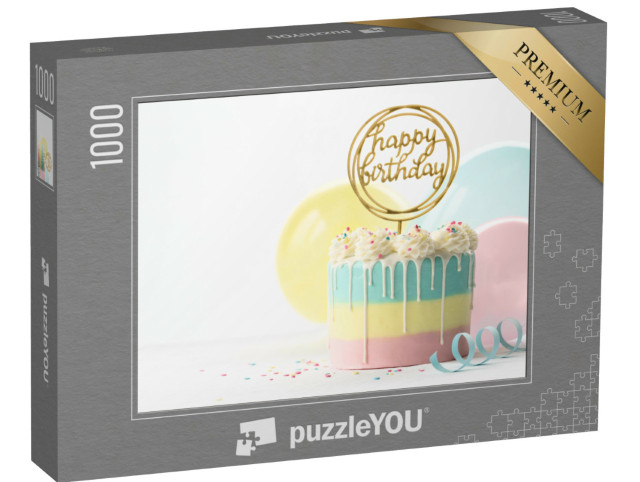 puzzle 1000 dílků „Pastelový narozeninový dort s kapající polevou a balónky...“