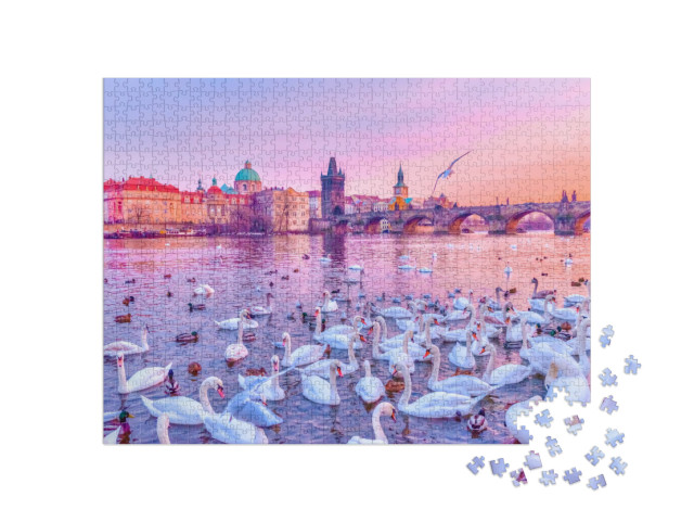 puzzle 1000 dílků „Labutě na Vltavě, západ slunce v Praze“