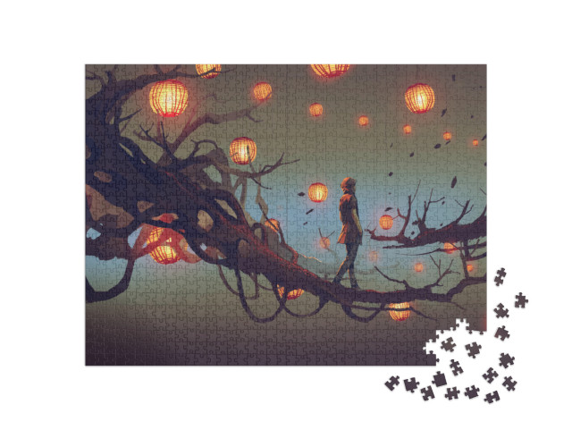 puzzle 1000 dílků „Iluzivní malba: Muž na větvi mezi lucernami“