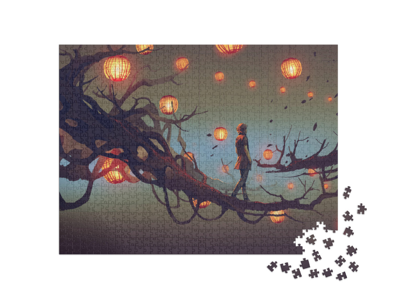 puzzle 1000 dílků „Iluzivní malba: Muž na větvi mezi lucernami“
