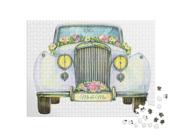 puzzle 1000 dílků „Svatební historické bílé auto, pohled zepředu. Akvarel“