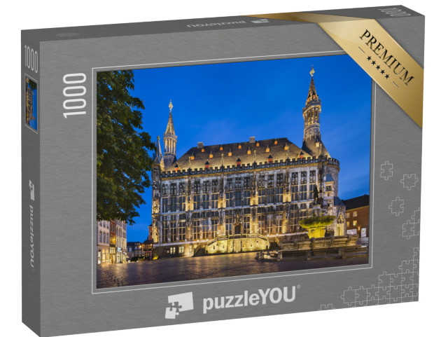 puzzle 1000 dílků „Slavná stará radnice v Cáchách pod noční modrou oblohou“
