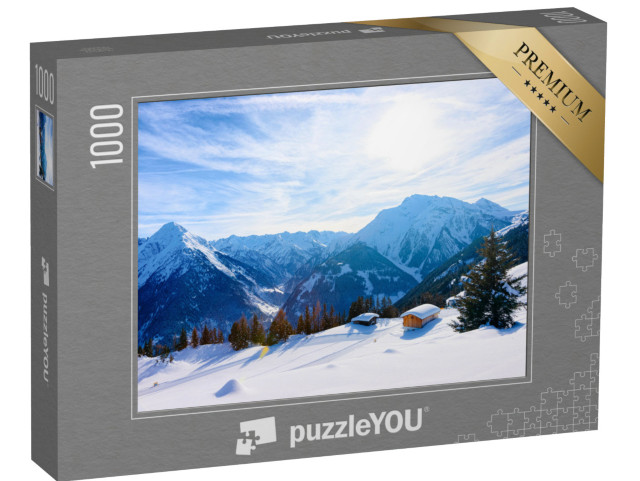 puzzle 1000 dílků „Lyžařské středisko Mayrhofen s chatami v malebném Zillertalu, Tyrolsko, Rakousko v zimě“