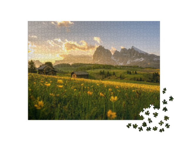 puzzle 1000 dílků „Krásný východ slunce nad Seiser Alm, Jižní Tyrolsko“