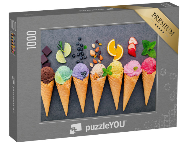 puzzle 1000 dílků „Barevné příchutě zmrzliny ve vaflích“
