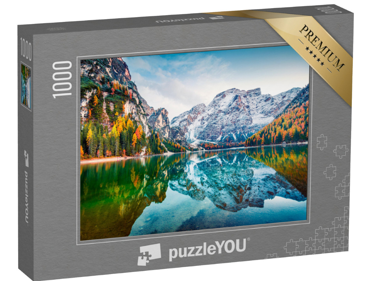 puzzle 1000 dílků „První sníh na jezeře Braies, Alpy, Itálie“