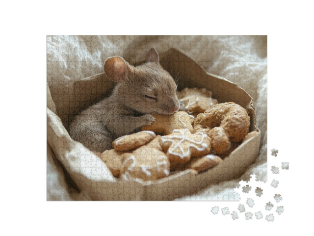 puzzle 1000 dílků „Vánoční myš svačí sušenky“