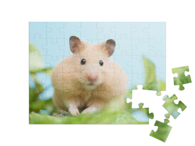 puzzle 48 dílků „Zlatý křeček obklopený zelenými listy“