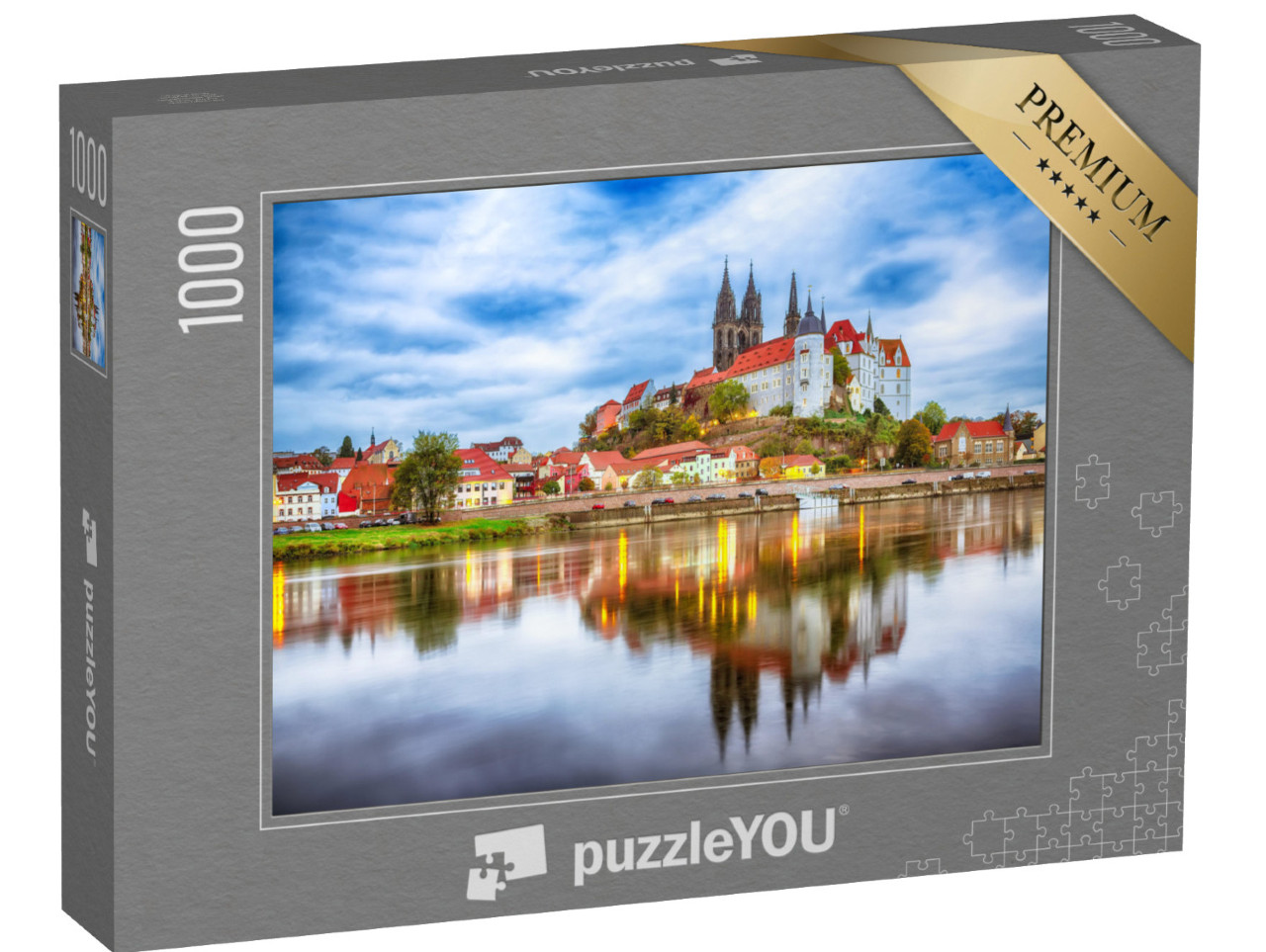 puzzle 1000 dílků „Zámek Albrechtsburg a katedrála na Labi při západu slunce, Míšeň“