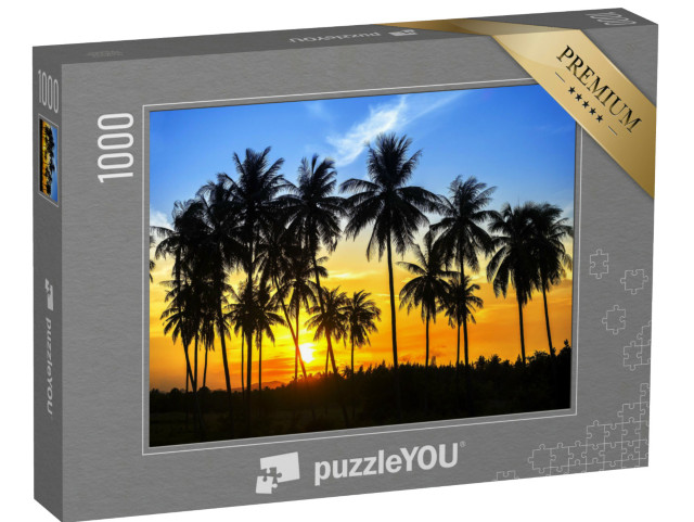 puzzle 1000 dílků „Siluety kokosových palem v barevném západu slunce“