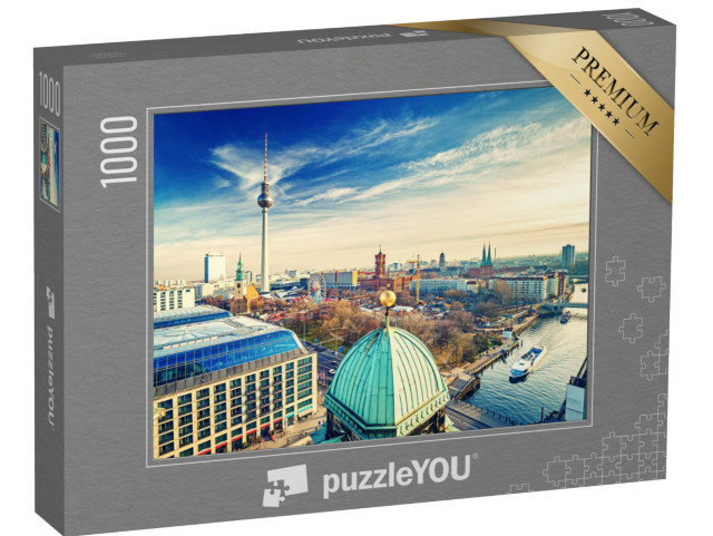 puzzle 1000 dílků „Letecký pohled na Alexanderplatz a Sprévu, Berlín, Německo“