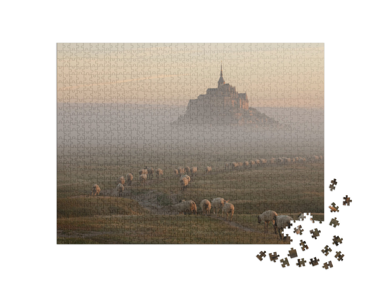 puzzle 1000 dílků „Přílivový ostrov Le Mont Saint-Michel v ranním světle, Normandie, severní Francie“