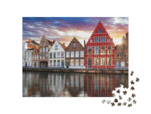 puzzle 1000 dílků „Bruggy - kanály v Bruggách, Belgie, večerní pohled“