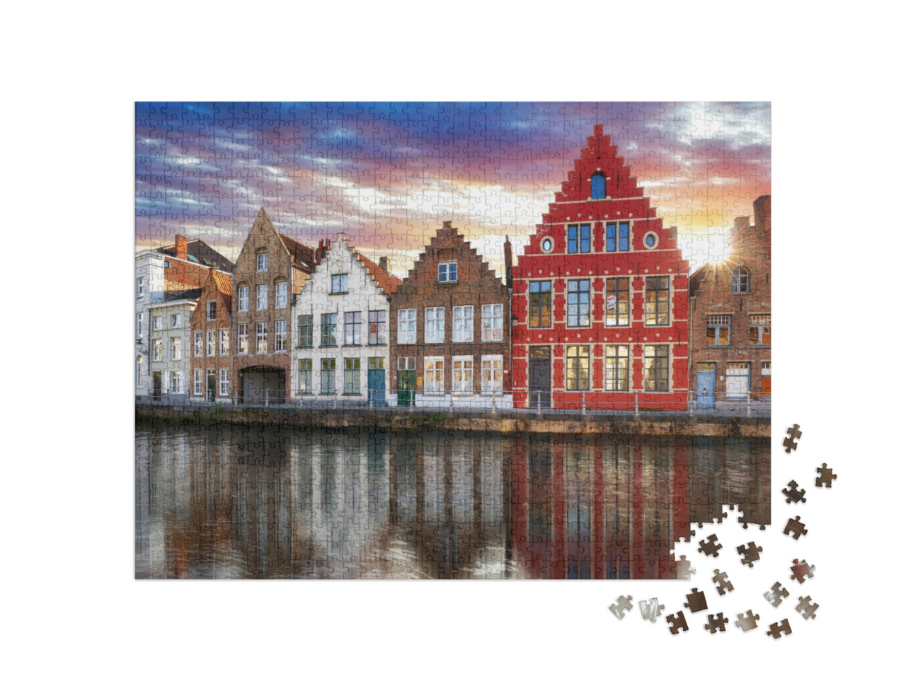 puzzle 1000 dílků „Bruggy - kanály v Bruggách, Belgie, večerní pohled“