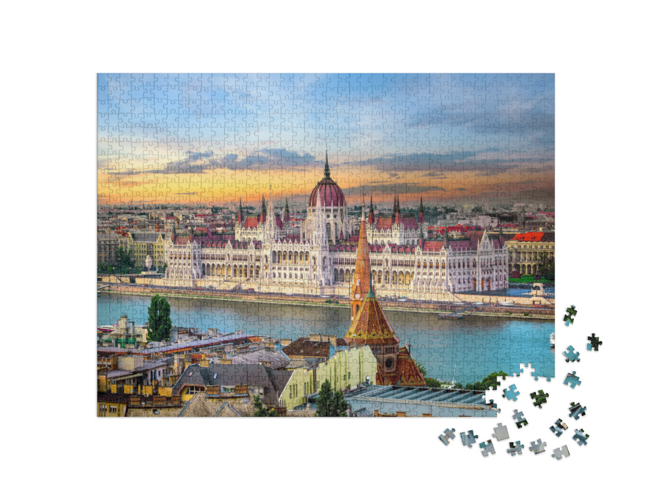 puzzle 1000 dílků „Západ slunce nad známými památkami v Budapešti“