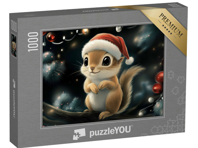 puzzle 1000 dílků „Veverka s vánoční čepicí na vánočním stromku“