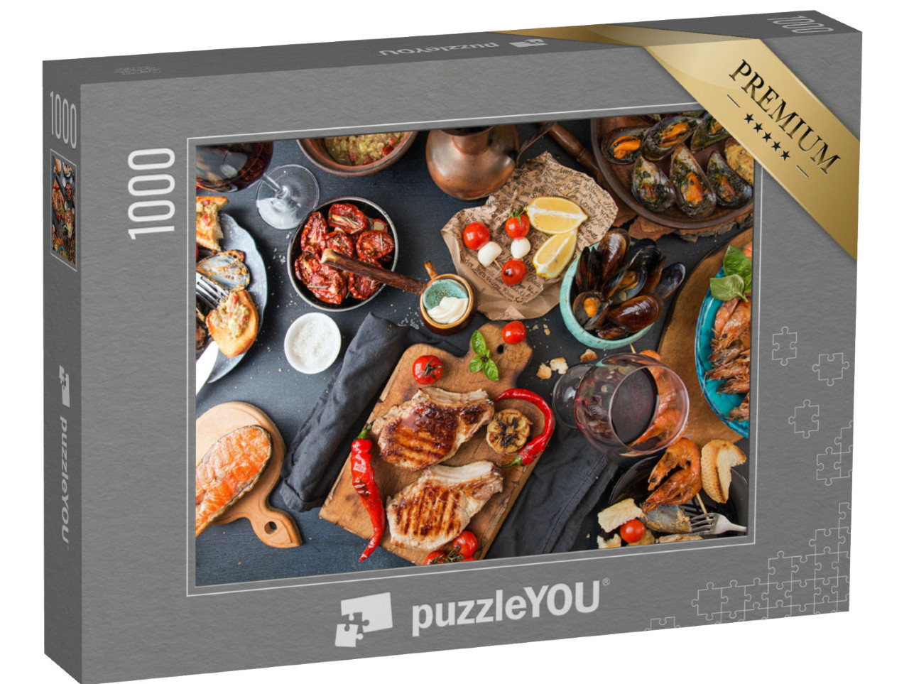puzzle 1000 dílků „Grilované maso a mořské plody se zeleninou“