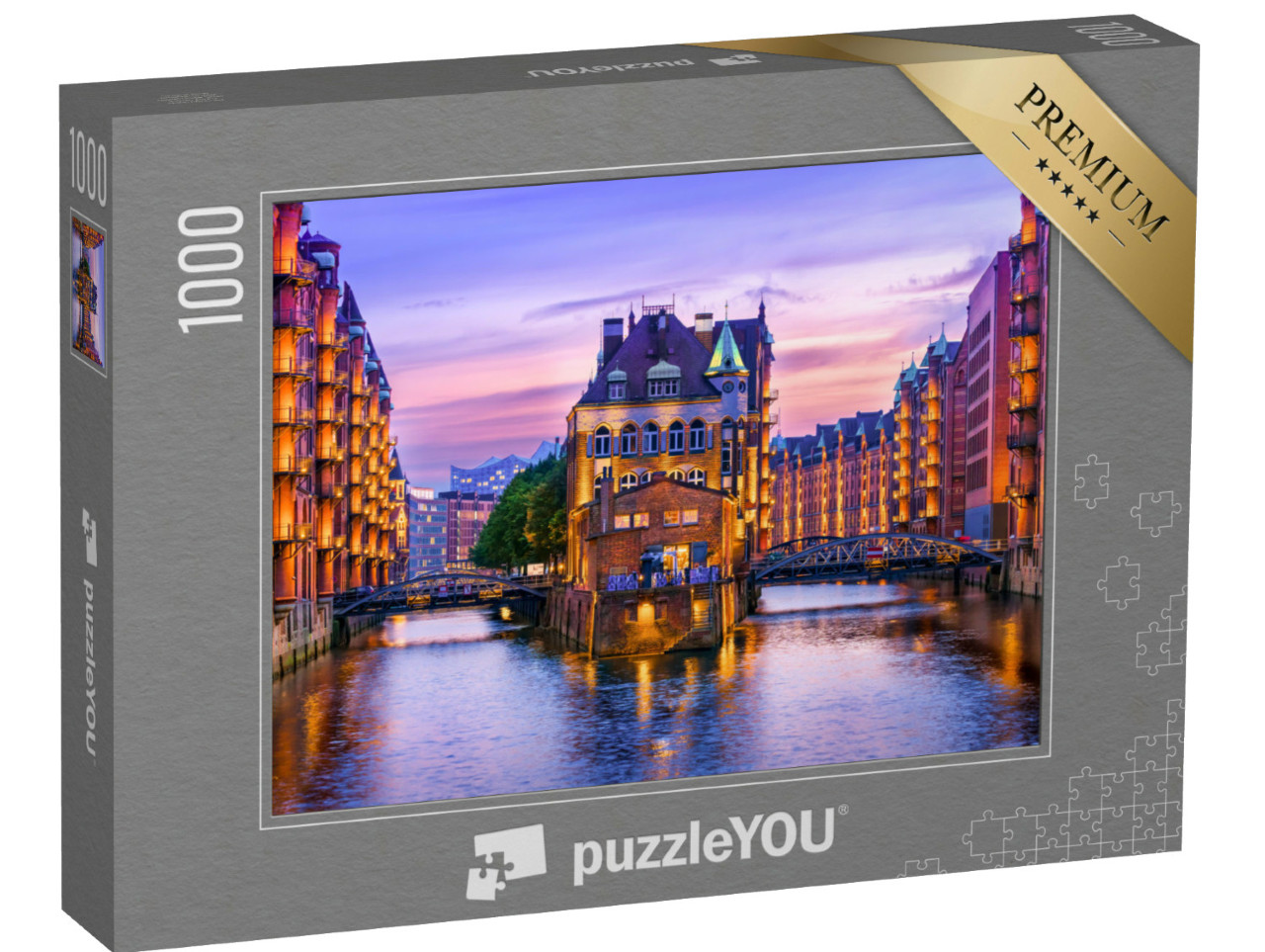 puzzle 1000 dílků „Skladištní čtvrť za soumraku v hamburském přístavu, Hamburk“