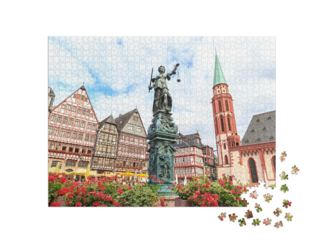 puzzle 1000 dílků „Historické náměstí Römerberg se sochou Justitia, Frankfurt, Německo“