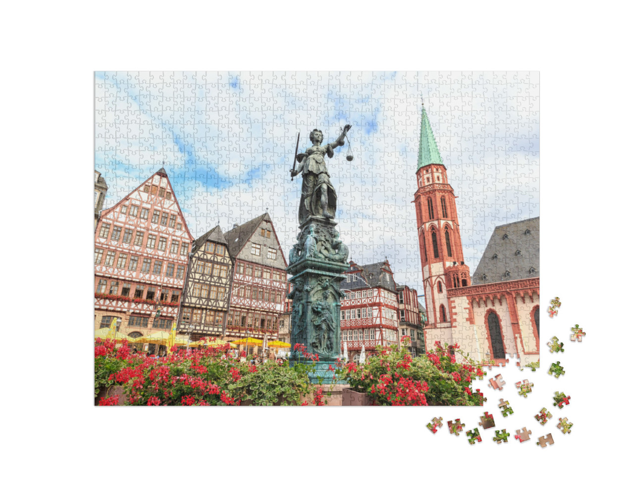 puzzle 1000 dílků „Historické náměstí Römerberg se sochou Justitia, Frankfurt, Německo“