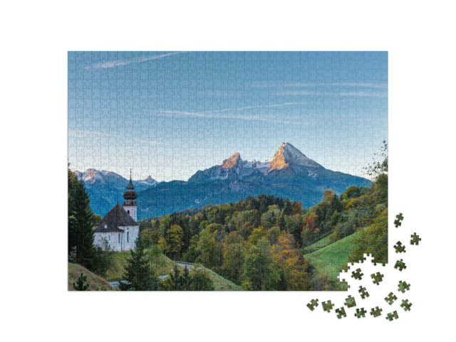 puzzle 1000 dílků „Podzimní ráno nad Maria Gern a Watzmannem, Německo“