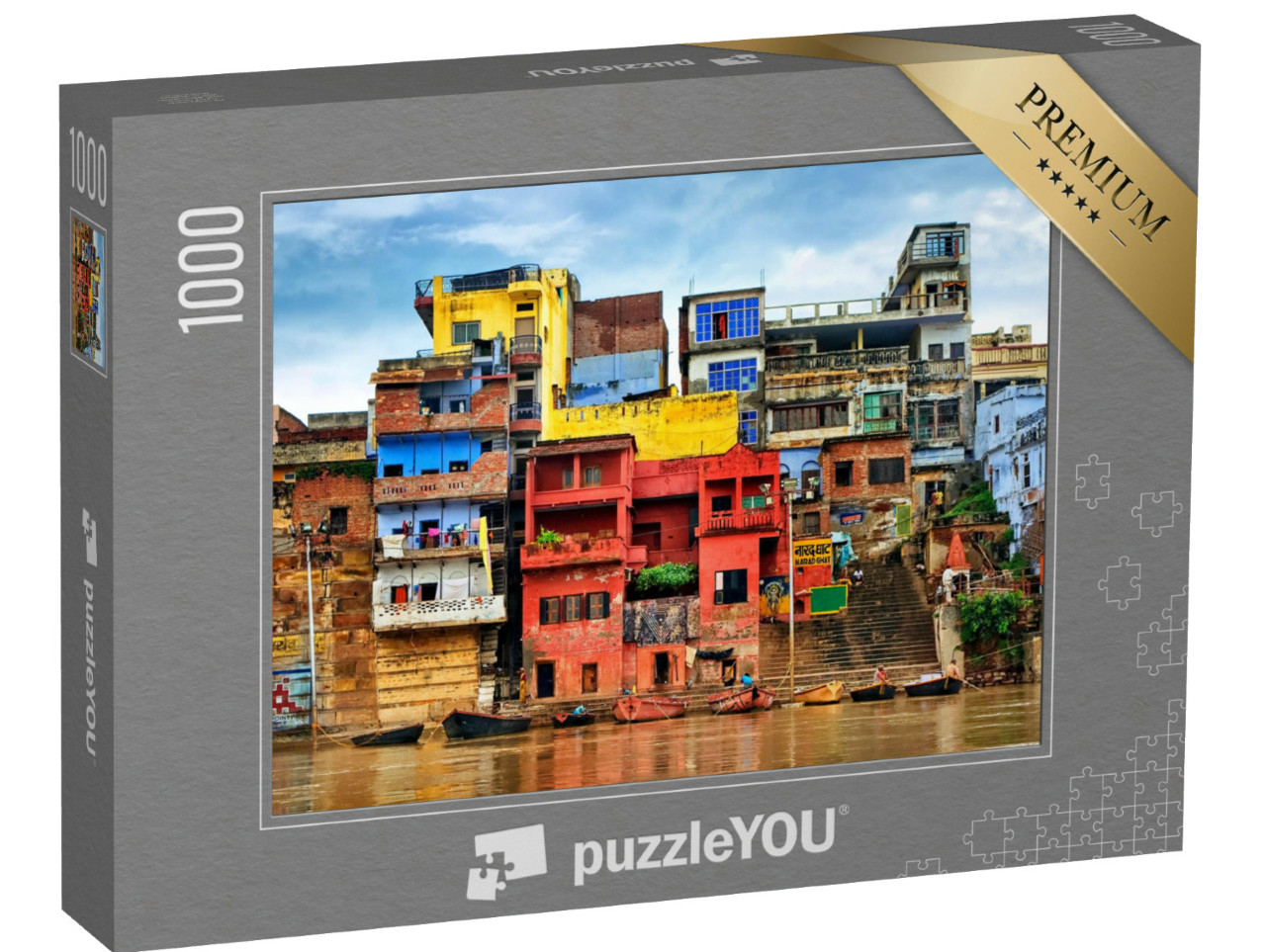 puzzle 1000 dílků „Jako v jiném světě: barevné domy u řeky Gangy, Váránasí, Indie“