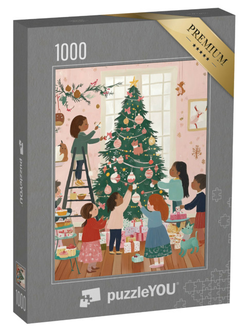 puzzle 1000 dílků „Děti společně zdobí vánoční stromek“