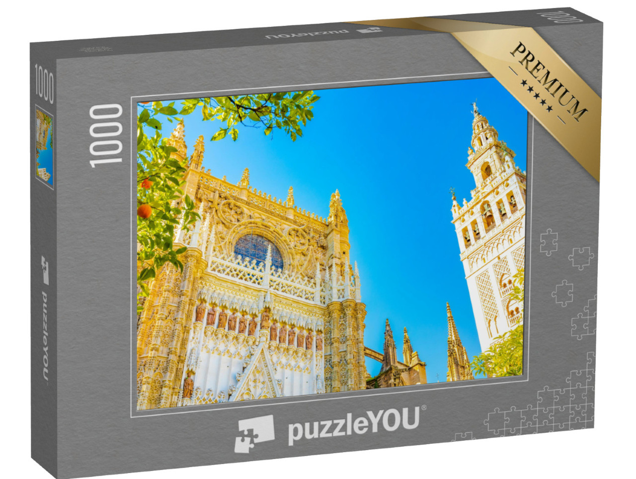 puzzle 1000 dílků „Sevillská katedrála a věž Giralda pod modrou oblohou Sevilly“