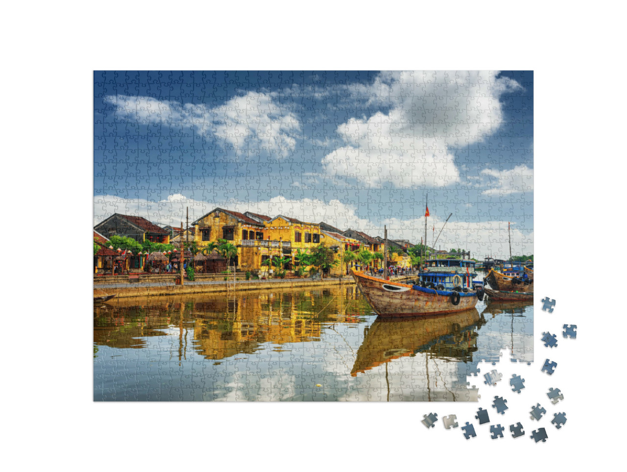puzzle 1000 dílků „Dřevěné lodě na řece Thu Bon v Hoi An, Vietnam“