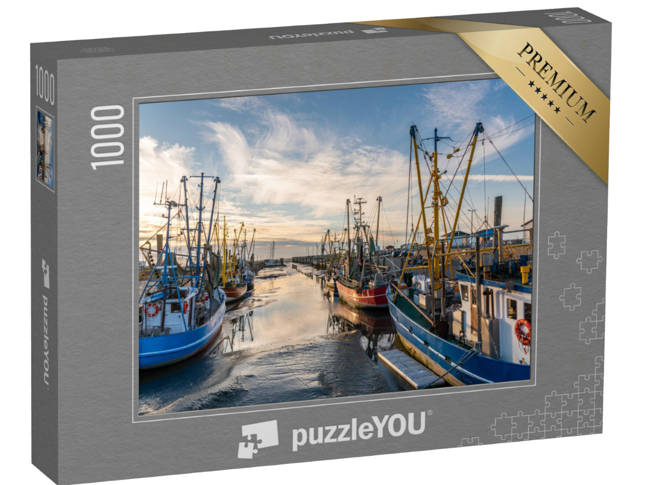 puzzle 1000 dílků „Rybářské lodě a lodě na lov krevet: Rybářský přístav Dorum-Neufeld, Dolní Sasko“