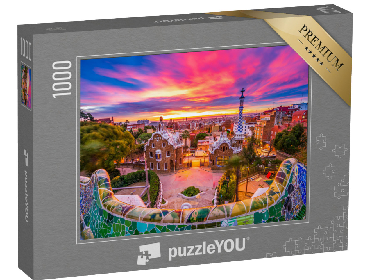 puzzle 1000 dílků „Východ slunce nad parkem Güell, světové dědictví UNESCO, Barcelona, Španělsko“