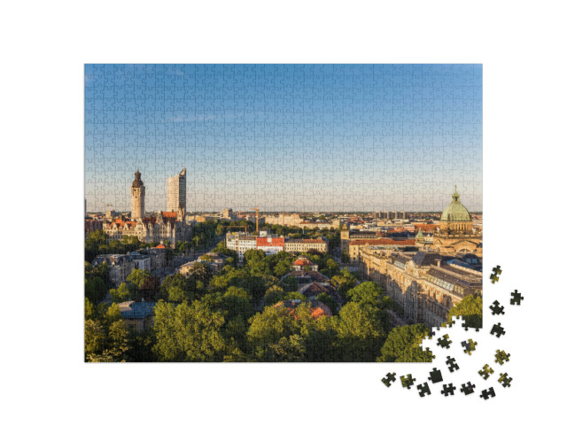 puzzle 1000 dílků „Panorama Lipska s radnicí při západu slunce, Německo“