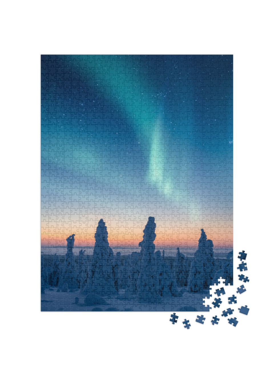 puzzle 1000 dílků „Zasněžené stromy pod krásnou polární září“