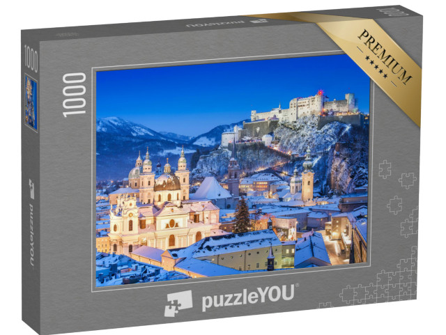 puzzle 1000 dílků „Krásný pohled na historické město Salzburg s pevností v zimě, Rakousko“