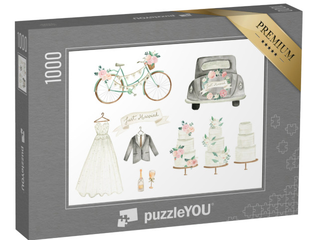 puzzle 1000 dílků „Boho svatební akvarelové ilustrace s květinami“