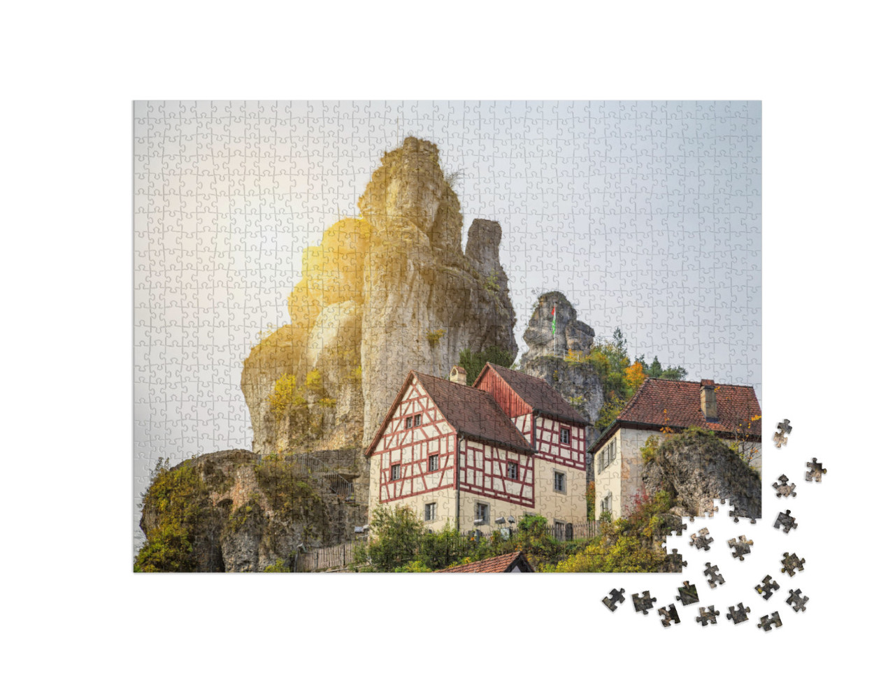 puzzle 1000 dílků „Hrázděné domy na skále v historické staré církevní obci Tüchersfeld, Bavorsko“