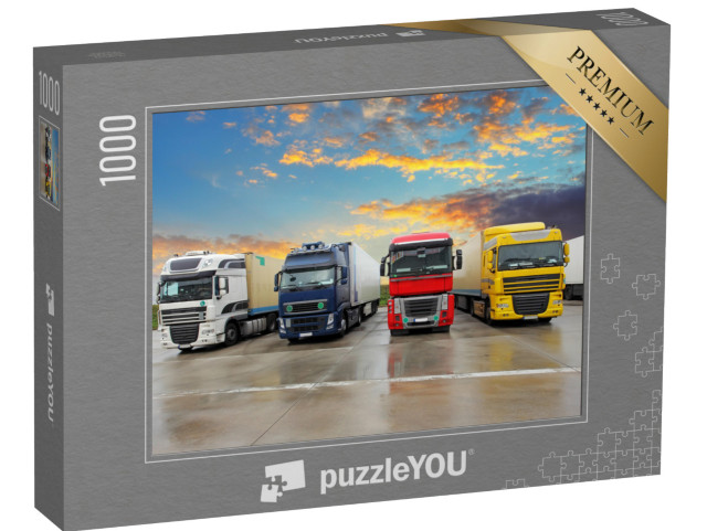 puzzle 1000 dílků „Několik nákladních vozidel v různých barvách na parkovišti“