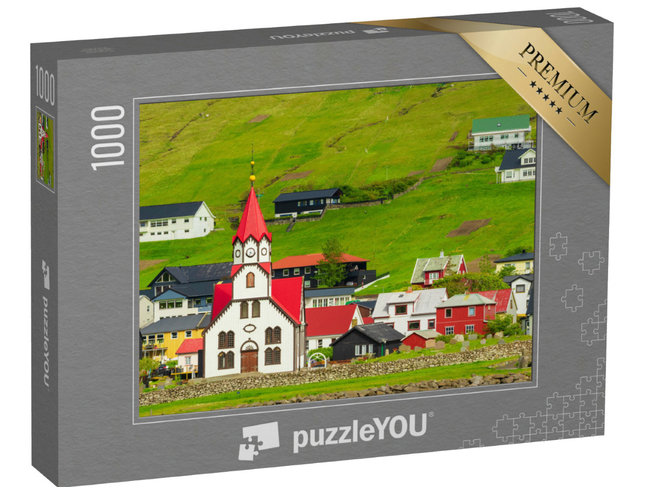 puzzle 1000 dílků „Kostel s červenou střechou v Sandavaguru, Faerské ostrovy, Dánsko“