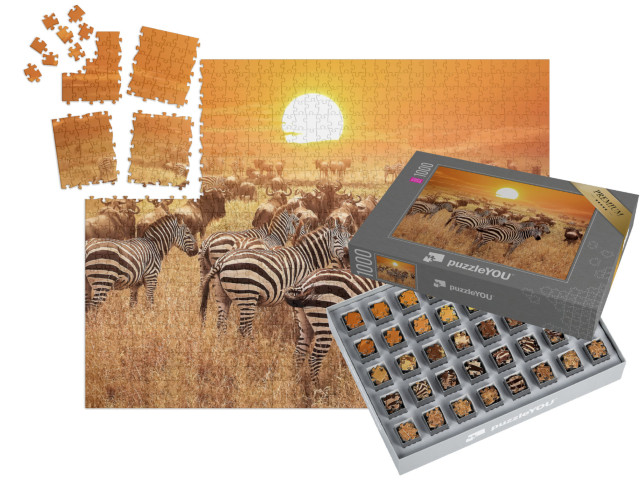 SMART SORTED® | Puzzle 1000 dílků „Zebra při západu slunce v národním parku Serengeti, Afrika, Tanzanie“