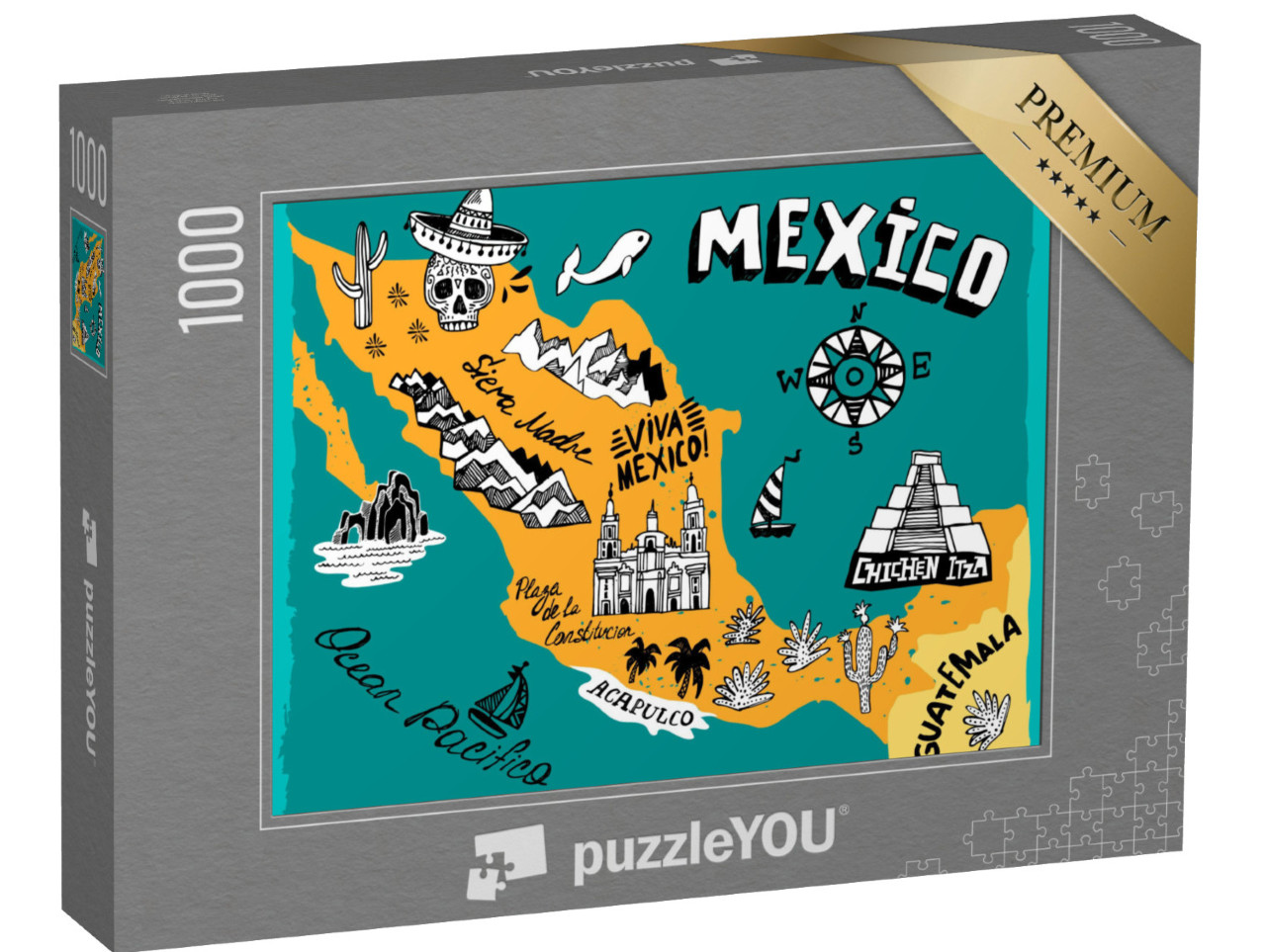 puzzle 1000 dílků „Ilustrovaná mapa Mexika s nejdůležitějšími památkami“