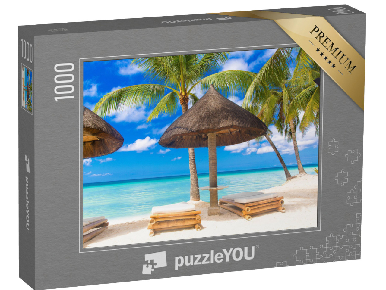 puzzle 1000 dílků „Slunečník a plážová lehátka pod palmami na tropické pláži“