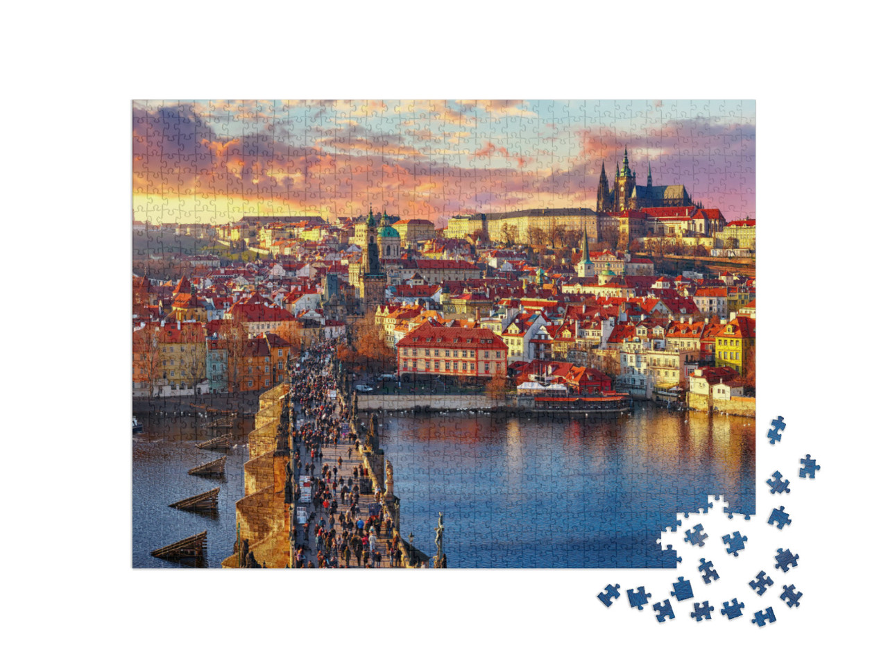 puzzle 1000 dílků „Panoramatický pohled na Karlův most, Pražský hrad a řeku shora“