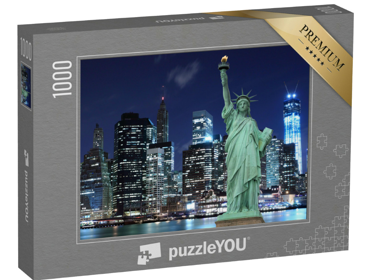 puzzle 1000 dílků „Manhattan se sochou Svobody: panorama v noci, New York“