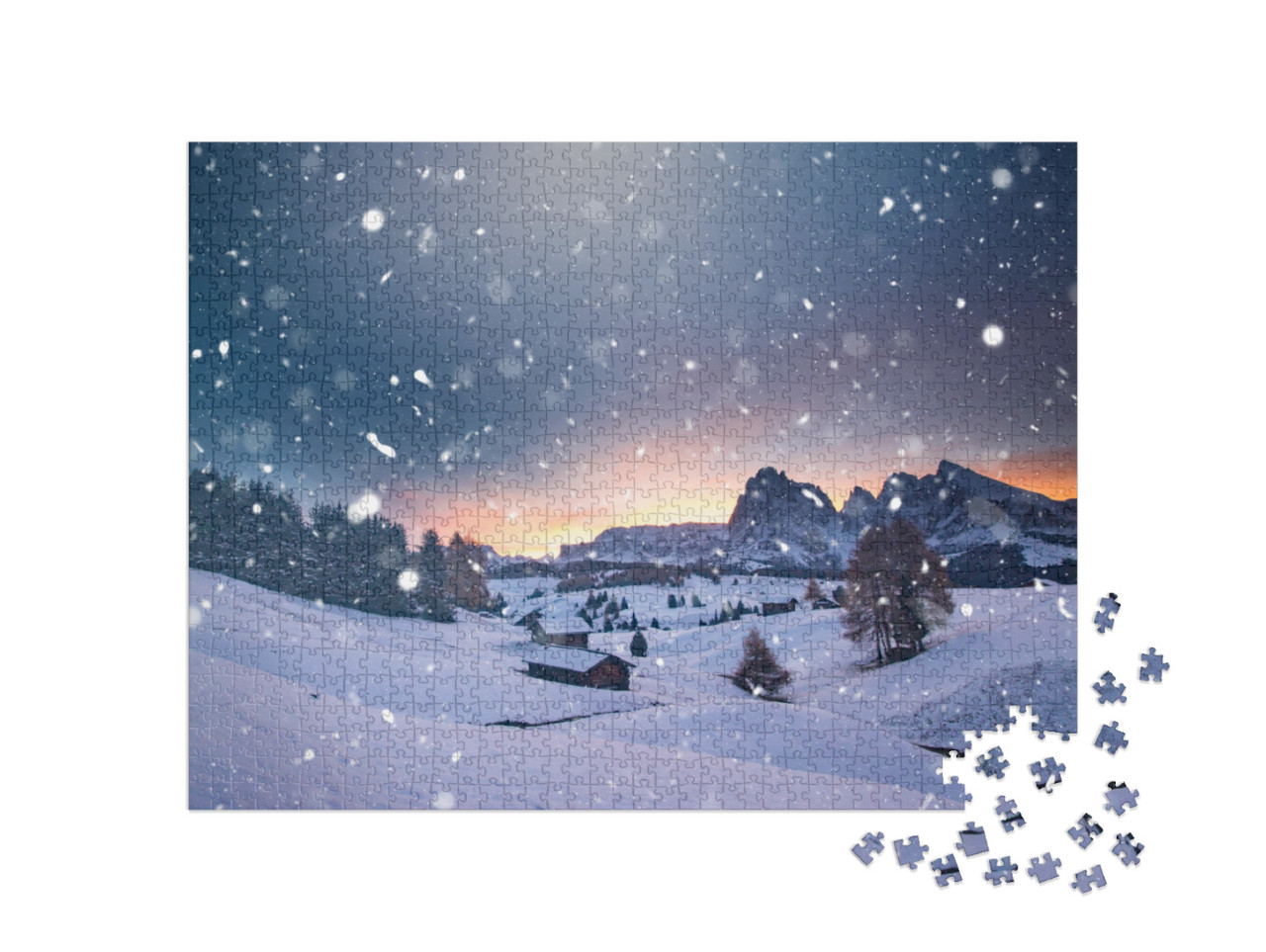 puzzle 1000 dílků „Malá zimní chata v magickém západu slunce, Alpe di Siusi, Itálie“