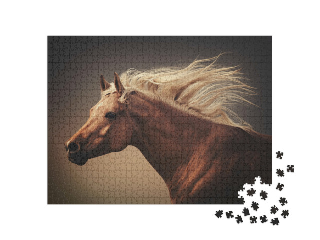 puzzle 1000 dílků „Kůň s vlající hřívou v prachu cvalu“