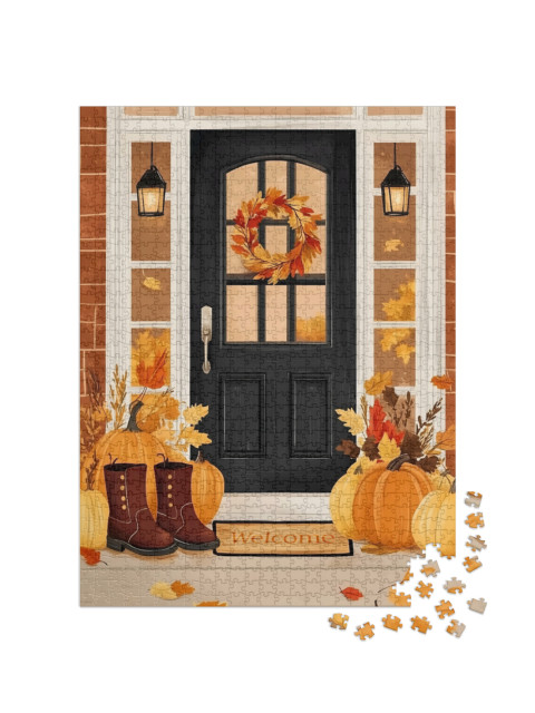 puzzle 1000 dílků „Podzimně vyzdobená vstupní dveře na Halloween“