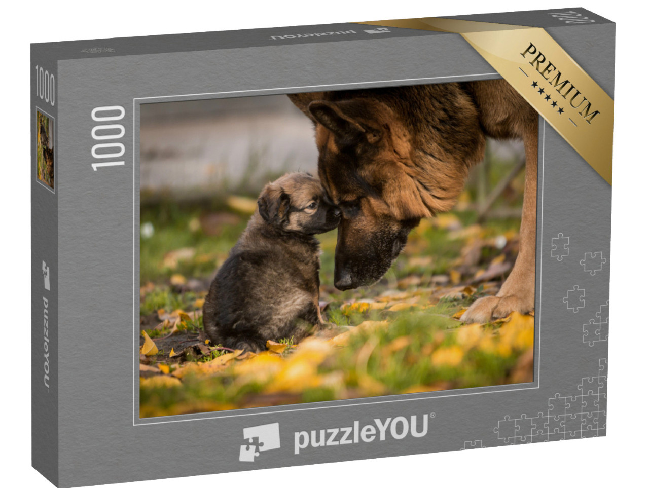 puzzle 1000 dílků „Láska mezi štěnětem a dospělým německým ovčákem“