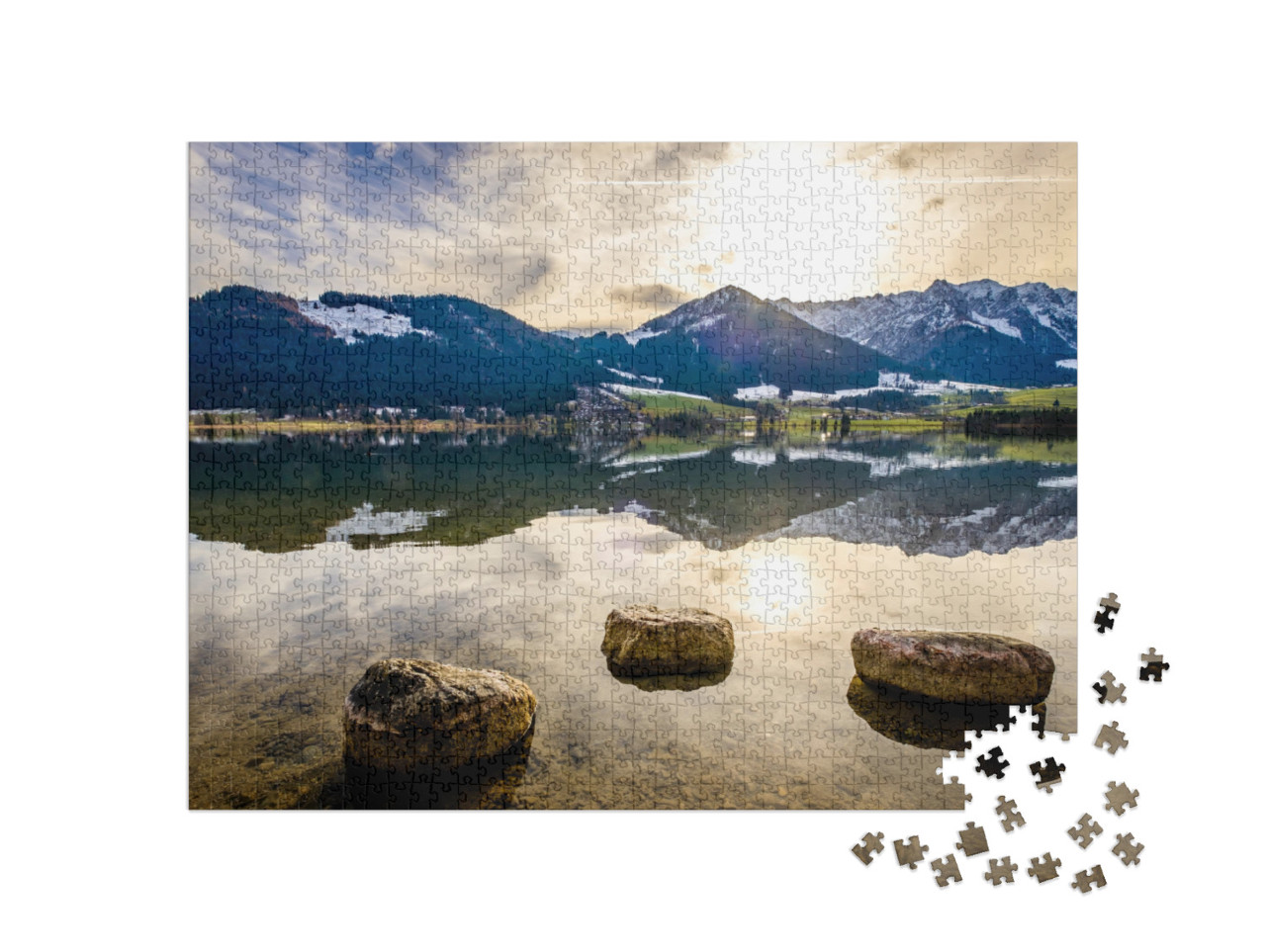 puzzle 1000 dílků „Wilder Kaiser a Zahmer Kaiser u jezera Walchsee v Rakousku“