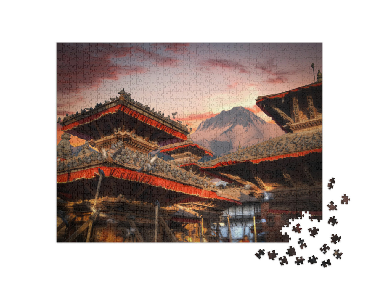 puzzle 1000 dílků „Okouzlující večer v chrámu na náměstí Durbar v Bhaktapuru, Káthmándú, Nepál“