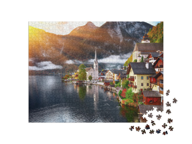 puzzle 1000 dílků „Horská vesnice Hallstatt s Hallstattským jezerem, Alpy, Rakousko“